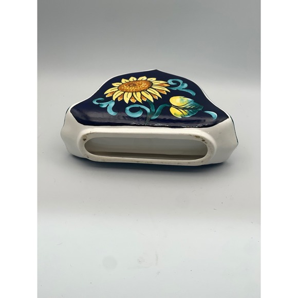 Italian Pottery Napkin Holder Sunflower Lemon Blue Ceramic Hand Painted 6.5" - Picture 5 of 8
